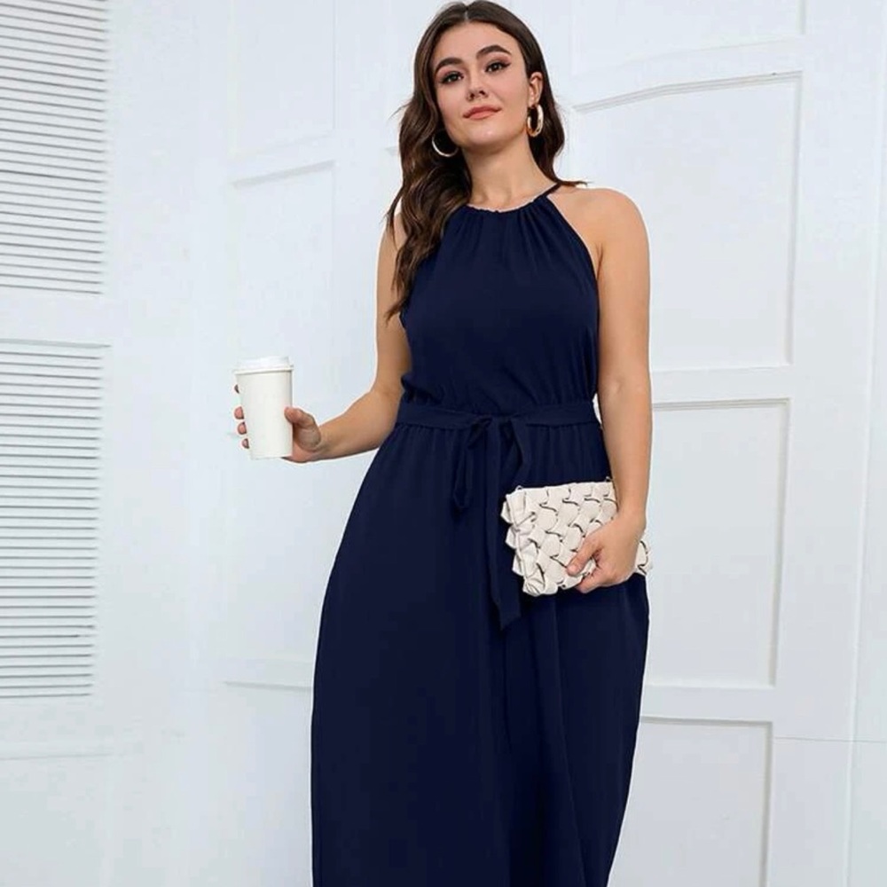 Navy Halter belted Jumpsuit